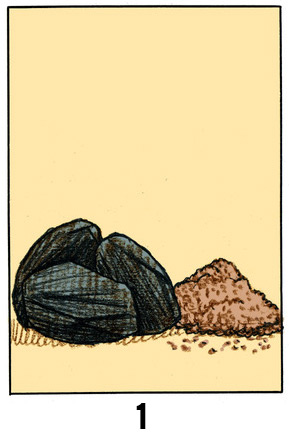 1Deux tas, l'un constitué de ce qui ressemble à trois boulets de charbon (ou des madeleines ?), l'autre, plus clair et d'une consistance poudreuse.