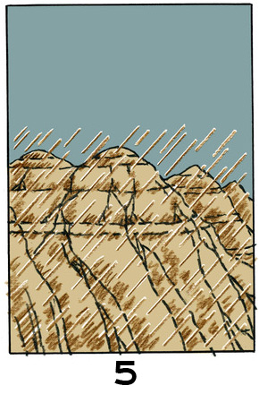 5Sous une pluie battante, des reliefs montagneux sur lesquels on devine des couches stratigraphiques.