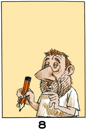 8Un homme mal rasé tient un gros crayon dans la main droite, et tend l'index de la gauche. Il semble en train de parler.